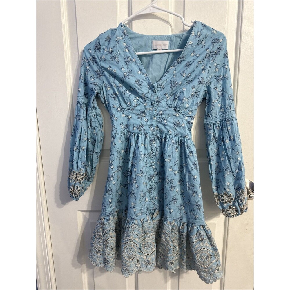 Anthropologie A Collective Story blue eyelet embroidered balloon sleeve dress XS